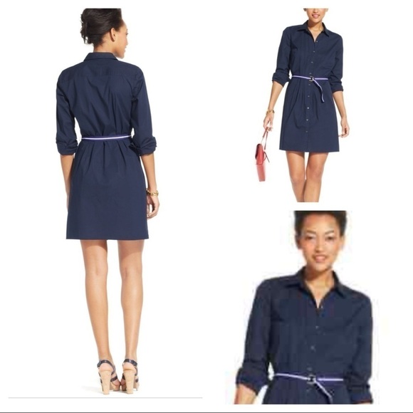 Tommy Hilfiger Women's Long Sleeve Pleat Shirt Dress Navy Blue Size XS - Picture 3 of 10